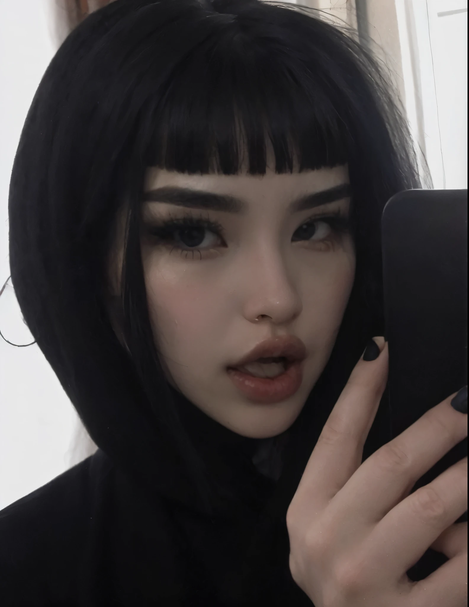 Asiatica, coreana, labios rosados, cabelos pretos, lingua pro lado da boca