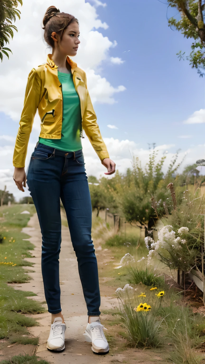 pintura de uma ((mulher coxas grossas)).in a yellow jacket and jeans walking down a path, standing in an apple orchard, corpo todo:: tempo ensolarado::, andando no jardim, arte digital!!, inspirado em Ada Hill Walker, illustration!, !!corpo todo portrait!!, inspirado em Sim Sa-jeong, inspirado em Lydia Field Emmet, corpo todo close-up shot(corpo inteiro).
