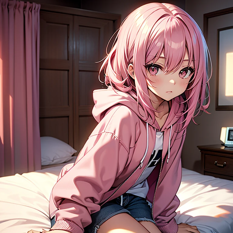 pink hair, medium length hair, brown eyes, cute, girl, in bedroom, warm، pink hoodie, shorts, 18 years old