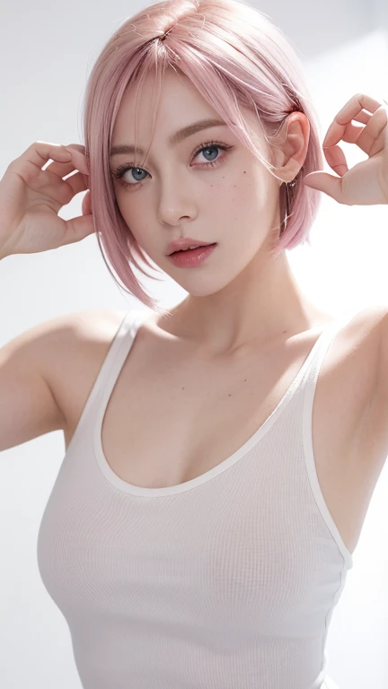 1 girl, alone, pink hair, blue eyes, looking at the viewer, mole, bangs, short hair, simple background, mole under mouth, closed mouth, shirt, white shirt, mini wing, gray background, portrait, compensate, full body, white background, Showing areola while nude, exposing armpits, raising hands big breasts