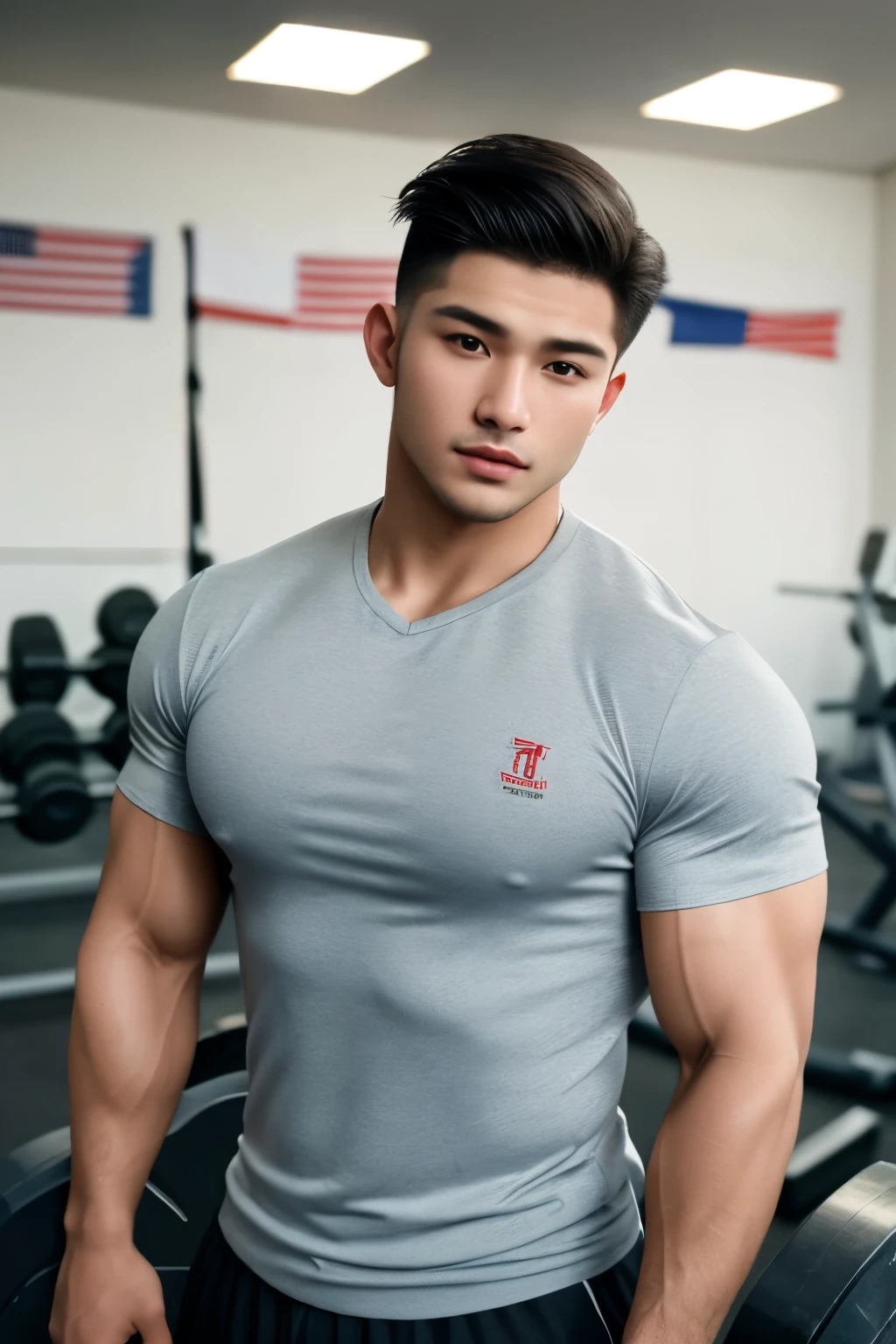 masterpiece, best quality, high resolution, realistic, handsome, photogenic, syahnk, SFW, a photo of a 25 year old gym frat (man:1.2) portrait, standing in a gym , doing military press, weights, stunning , short buzzcut hair,stubble head , (hypermuscle),looking at the viewer, flirting with the camera, charming, (tight white gym shirt ),(GS-Masculine:1), 8K UHD