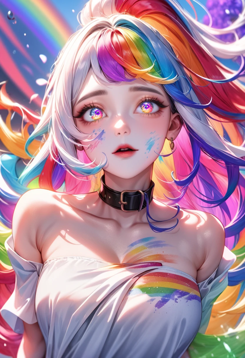 (Pink fashion T-shirt:1.9),(colorful hair: 1.8), (All colors of the rainbow: 1.8),(((((vertical drawing:1.6))), (drawing:1.6),front, comics, illustrations, drawings, big eyes, crystal clear eyes,( Rainbow gradient high ponytail:1.7), Exquisite makeup, Keep your mouth shut,(Little fresh: 1.5),(Wipe Chest: 1.6) ,long eyelashes, White off-shoulder T-shirt, white shoulder shirt,looking at the audience, 水汪汪的big eyes, (rainbow colored hair:1.6), 颜色飞splash, (alone:1.8), 颜色飞splash, color explosion, thick draw style, messy lines, ((shining)),(rich and colorful), (rich and colorful), (rich and colorful), rich and colorful, Thick draw Style, (splash) (Color splash), Vertical drawing, Upper body, draw splash, acrylic paint, slope, draw, Highest image quality, best quality, masterpiece, alone, depth of field, Face draw, rich and colorful clothes, (elegant: 1.2), Gorgeous,long hair, Wind, (elegant: 1.3), (petal: 1.4),(((masterpiece))),(((best quality))),((Super detailed)),(illustration),(Dynamic angle),((floating)),(draw),((disheveled hair)),(alone),(1 girl) , (((Detailed anima face))),((Beautiful and delicate face)),collar,bare shoulders,white hair, ((rich and colorful hair)),((striped hair)),Beautiful and delicate eyes,(slope color eyes),(((rich and colorful eyes))),(((rich and colorful background))),(((high saturation))),(((surrounded by rich and colorful splashes))),