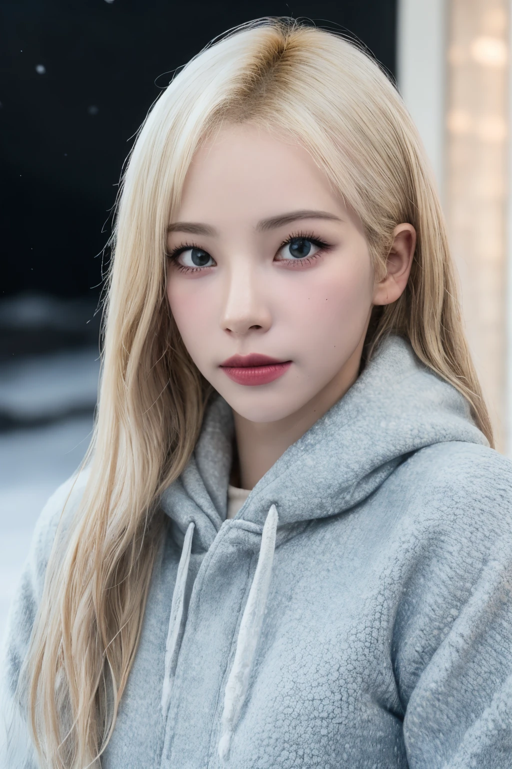 Mejor calidad, 8K, perfect lighting, obra maestra, ultra high resolution, (photorealista:1.4), foto cruda,1 chica, solo, realista, mirando al espectador, parte superior del cuerpo, detailed arctic background, ropa de invierno, dynamic pose, nieve, nieveflakes, noche, cielo aurora, piel grasa detallada, labios rojos, boca cerrada,