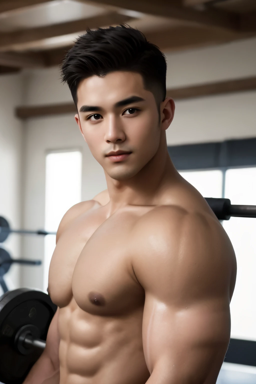 masterpiece, best quality, high resolution, realistic, handsome, photogenic, syahnk, SFW,  a photo of a 25 year old gym frat (man:1.2) portrait, standing in a gym , doing military press, weights, stunning , short buzzcut hair,stubble head , (hypermuscle),looking at the viewer, flirting with the camera, charming, (wearing no shirt ),(GS-Masculine:1), 8K UHD