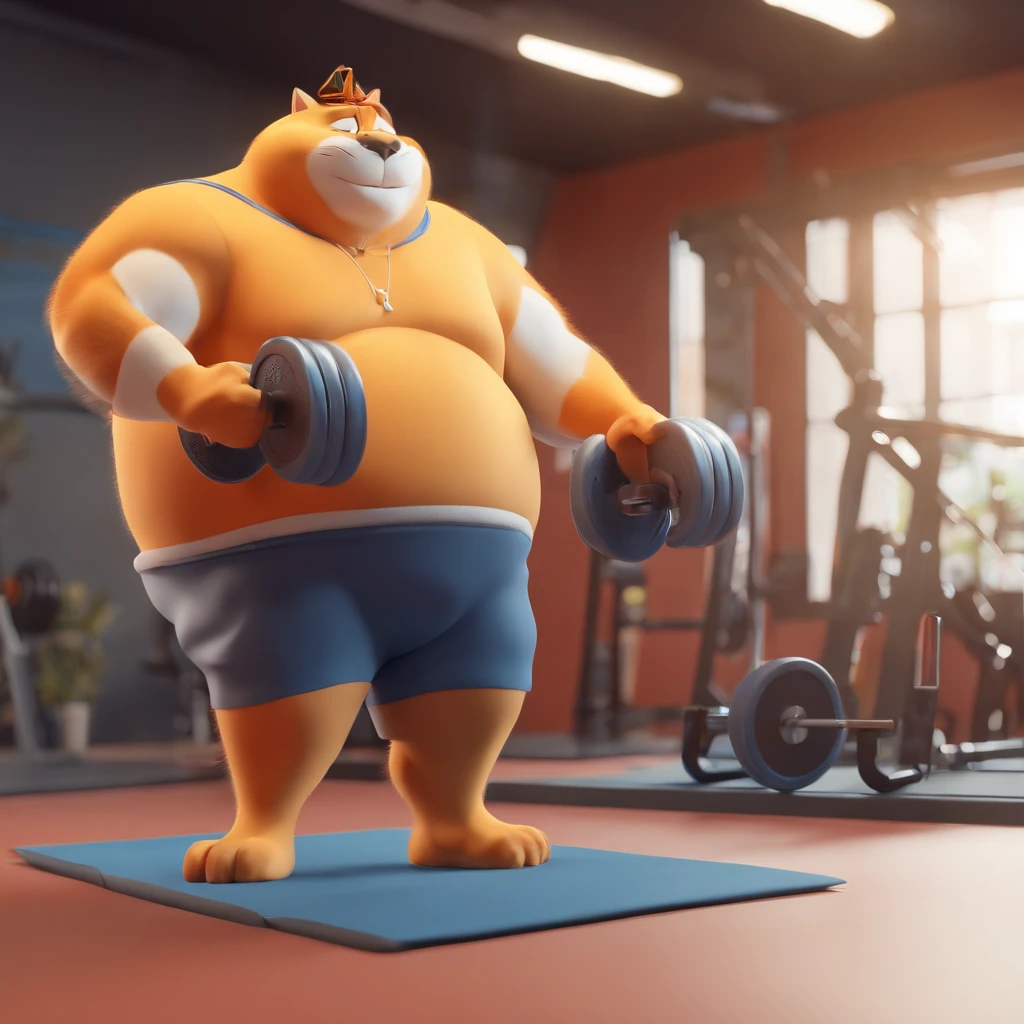 a fat cat goes to the gym and lifts weights (Man) 3D art efekt movie ,