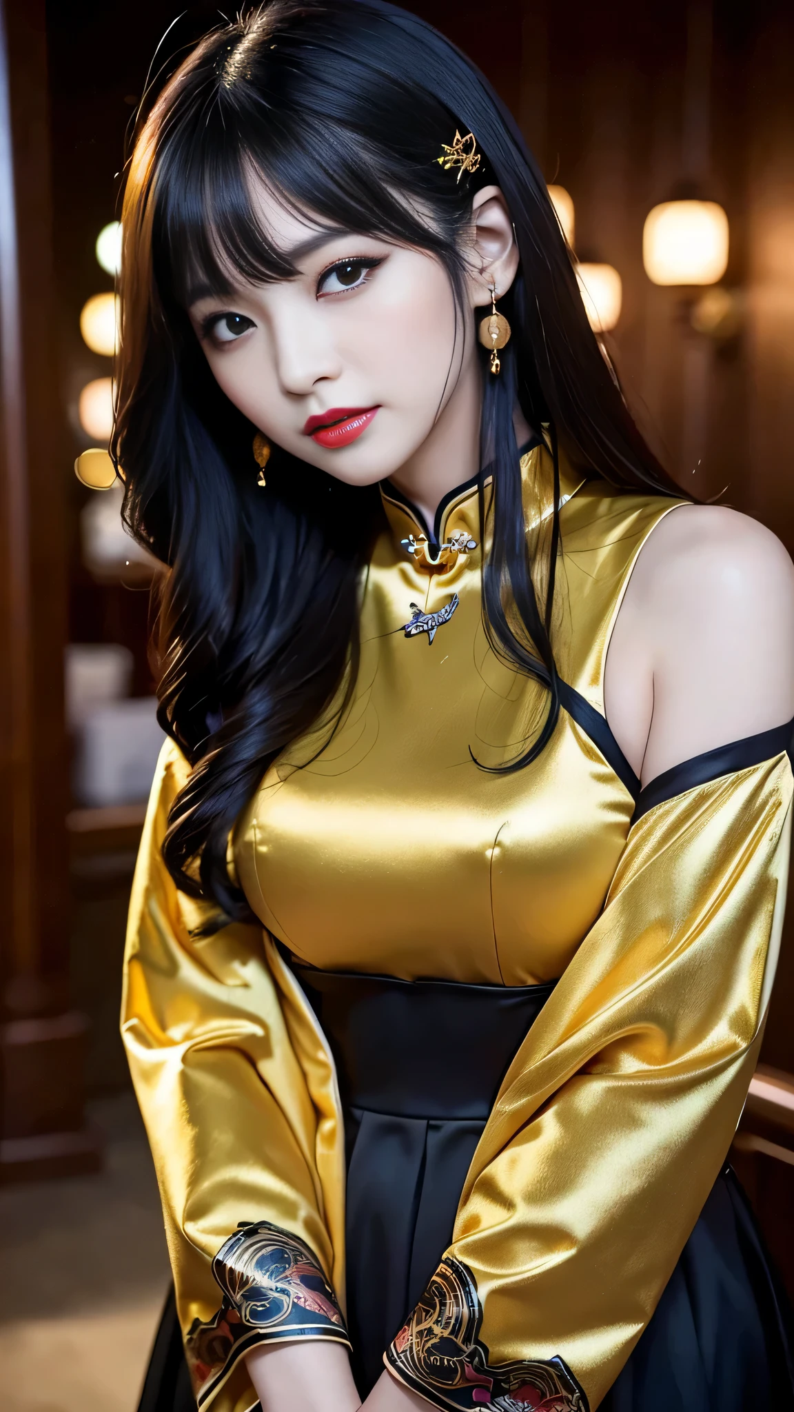 tra-detailed、Japanese、attractive beauty、seductive adult woman、pretty woman、piercing eyes、cool girl、wavy hair、swept bangs、Long Black and Gold Cheongsam、wide sleeves、Evil cadres、evil depravity、brainwash、mind control、lipstick、lip gloss、dark makeup、smirk、whisper in your ear、Evil expression、evil、hollow eyes,half-closed eyes、empty eyes、evil、church at night、vampire、succubus、vampire、Swear allegiance、put your hand forward、hair ornaments、