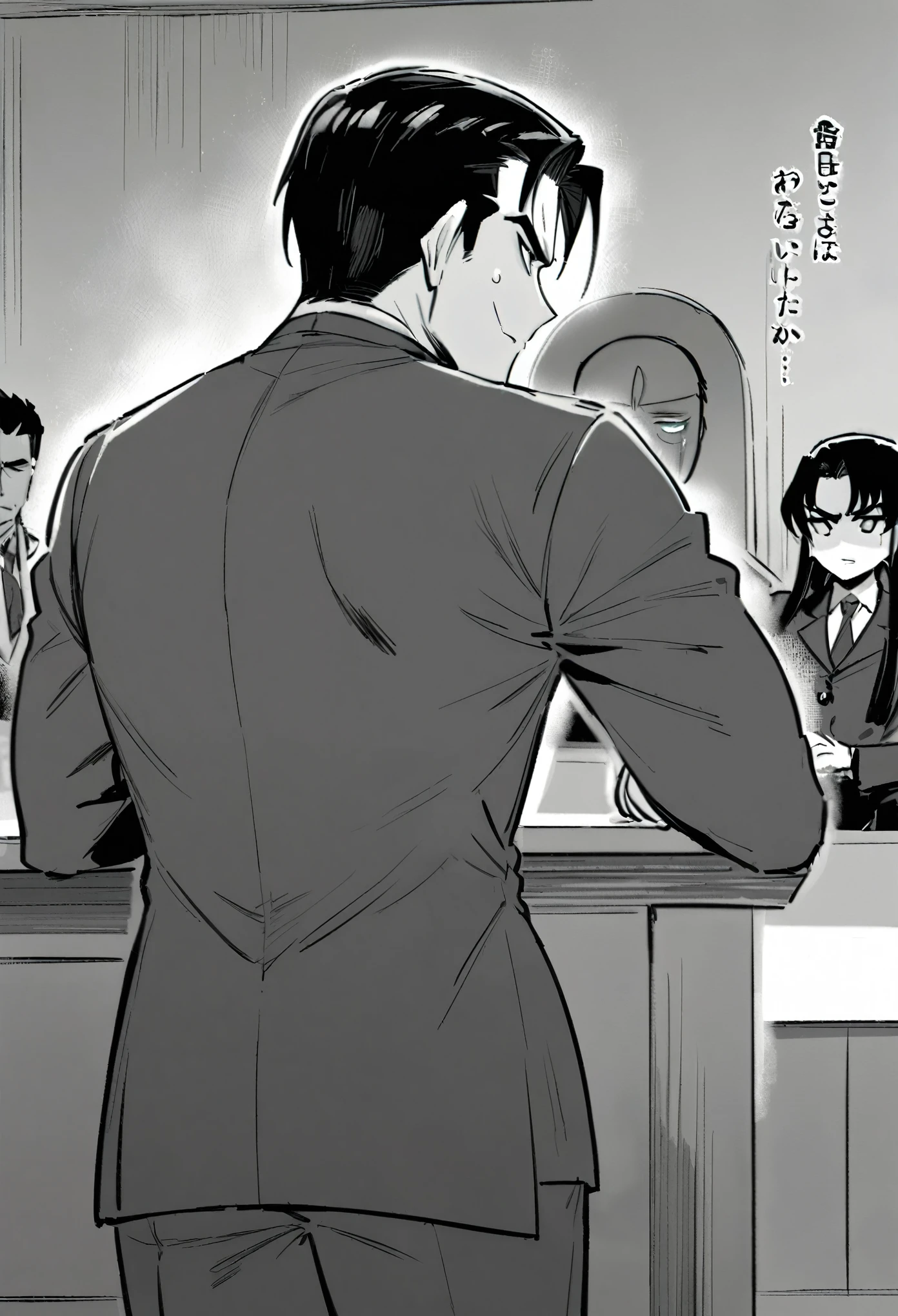 manga drawing President Takashi is an imposing leader, with a robust physique and a confident posture. His face displays lines of expression that testify to his long history of leadership, with deep and determined eyes. His tanned skin and firm chin reflect his determination and strength of character. His black hair, flecked with gray, is styled elegantly, complementing his statesmanlike image. Dressed in a tailored suit, he conveys authority and sophistication, while his standing posture in the meeting room, with a penetrating gaze and convinced speech, demonstrates his leadership capacity even in the face of crises. Despite the gravity of the situation, he remains calm and in control, inspiring confidence in his colleagues. President Takashi maintains an imposing posture while standing, with his shoulders slightly set back, projecting confidence and authority. His feet are firmly planted on the ground, conveying stability and firmness. One of his hands is resting on the table, while the other is slightly raised, emphasizing his points as he speaks with conviction about the threat posed by Starfire.
His gaze is firm and penetrating, sweeping the room as he directs his words to those present with determination and clarity. His facial expression is serious but controlled, revealing a combination of seriousness and confidence in his ability to lead the country through the crisis. Lora Marvin style, manga, monochrome, detailed face
there are four strands of hair lying on your forehead
