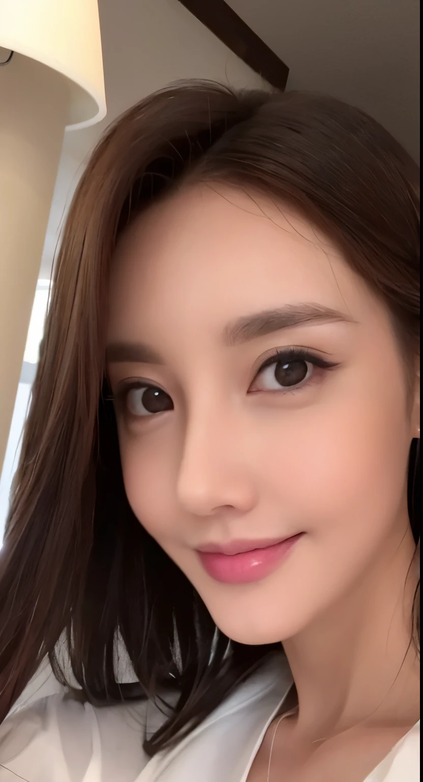 1 girl, in a hotel room, smile, Close-up,Sleek-shaped face, clear white skin,