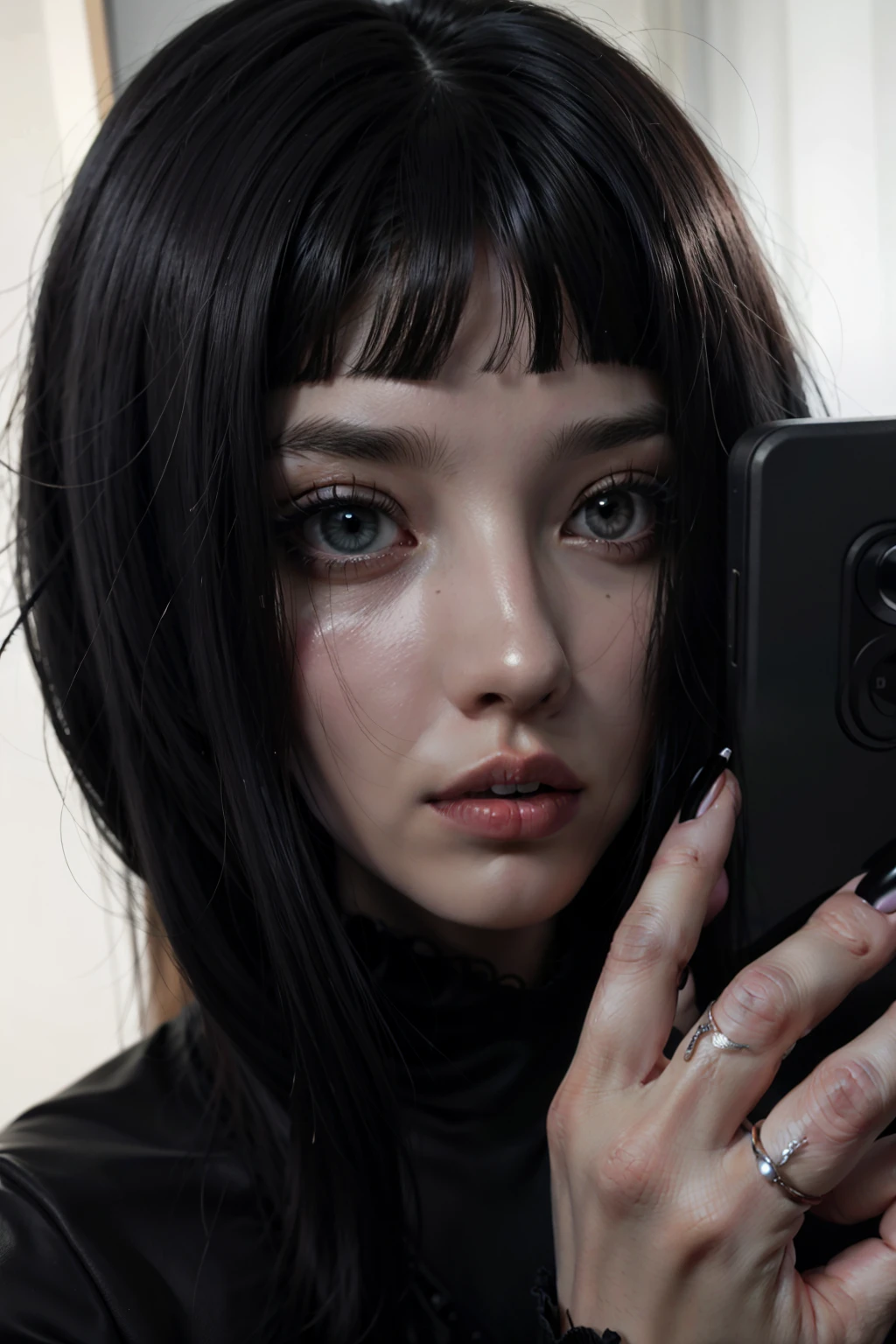 mulher asiatica com cabelo preto e maquiagem preta segurando um celular, goth girl aesthetic, gothic aesthetic, franja preta, pale gothic beauty, goth girl, Gothic makeup, 1 7 - year - old goth girl, sharp Sobrancelhas pretas, Sobrancelhas pretas, wearing Gothic makeup, cabelo preto com franja, darkwave gothic aesthetic, maquiagem escura no rosto
