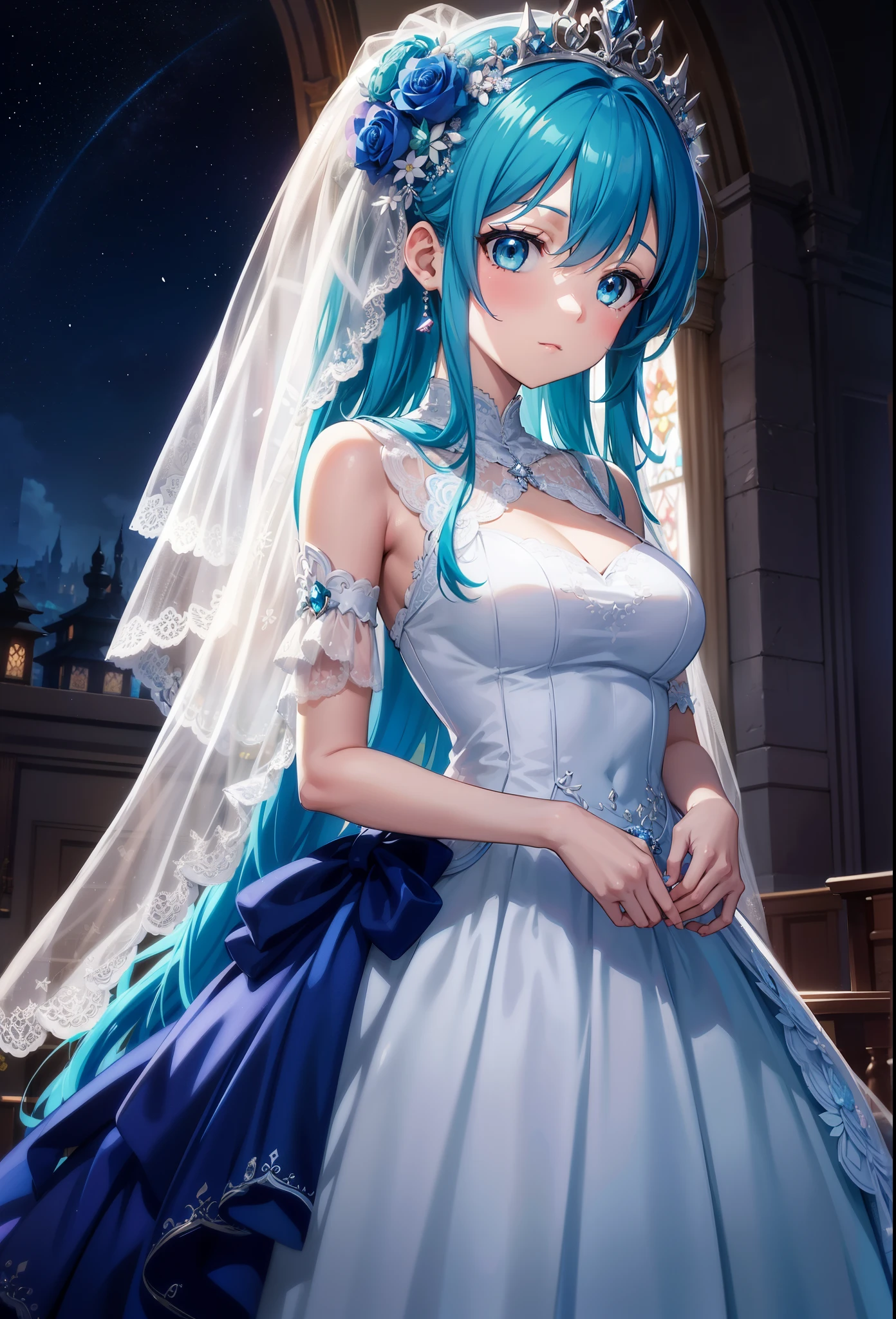 Anime wedding dress with blue hair and veil, mikudayo, Gweiz on pixiv artstation, Trending on Art Station Pixiv, Nightcore, Gweiz on artstation pixiv, Cute anime wife in a nice dress, anime moe art style, in a dress, Gweiz, clean detailed anime art, Pixiv contest winners, Also