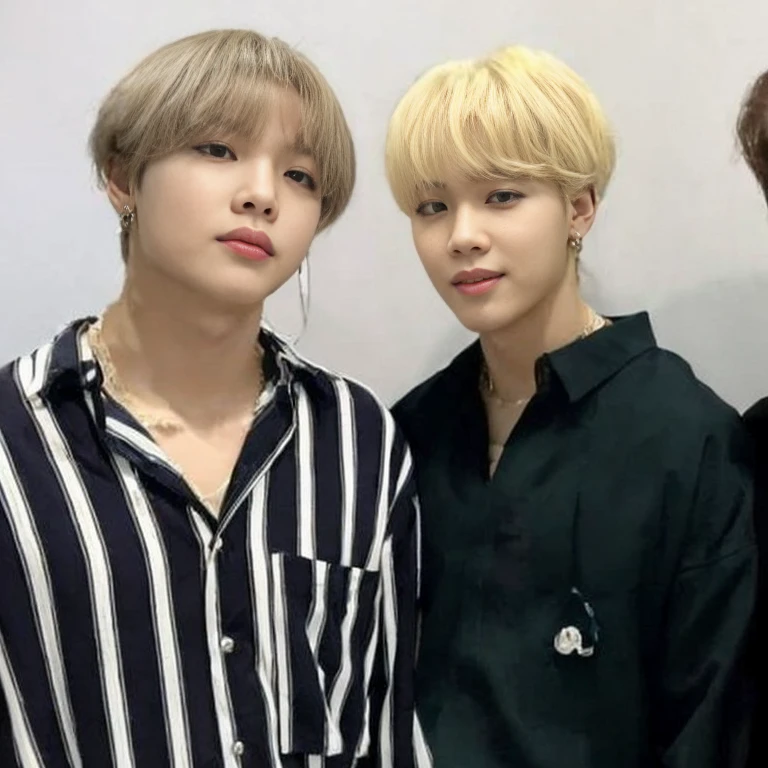 three young men posing for a picture in a room, jimin\'s plump lips, jimin\'s right eyelid swollen, jimin, jimin\'s grecian nose, accurate jimin face, park jimin, they are close to each other, they are siblings, bts, with same hairstyle, 📷 mungojerrie and rumpleteazer, they are very serious