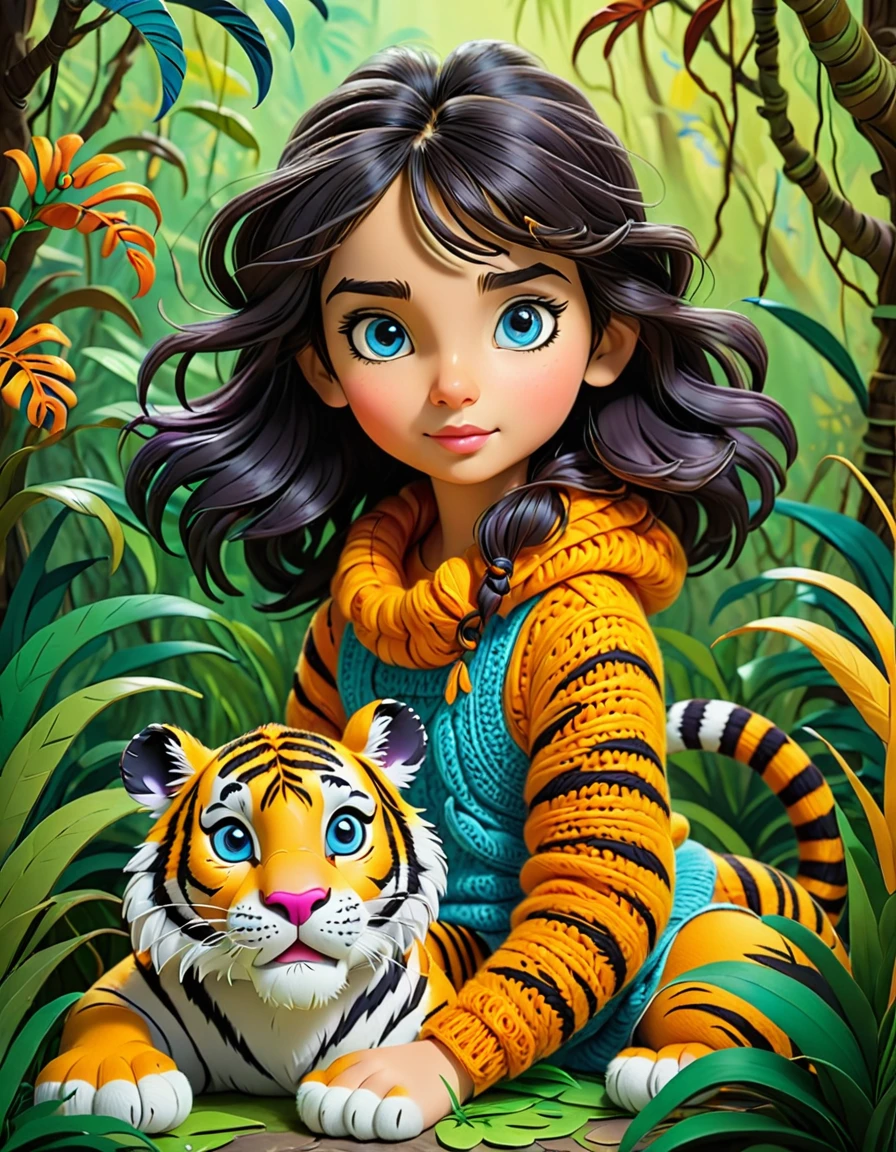 Cute  colorful  woollen art girl holding Tiger, jungle  book,  focusing,, fantastic , perfect composition,  perfect details,  perfect eyes,  perfect iris,  high resolution, high quality, high definition,   ink painting , lovely, calm, painting splashes , quilling background