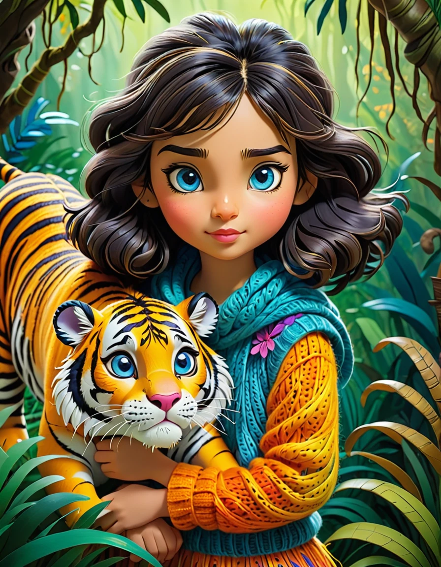Cute colorful woollen art girl holding Tiger, jungle book, focusing,, fantastic , perfect composition, perfect details, perfect eyes, perfect iris, high resolution, high quality, high definition, ink painting , lovely, calm, painting splashes , quilling background