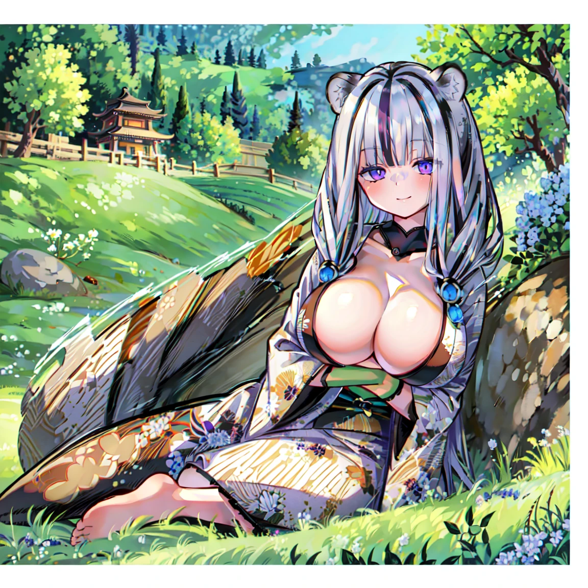 ((masterpiece:1.4, best quality)), ((masterpiece, best quality)),woman laying if field of flowers, featuring Black,Purple and Iris lights,white hair,dark purple eyes,smile,White Tiger ears,japanese heaven garden,night, Black kimono, adult, huge breasts.