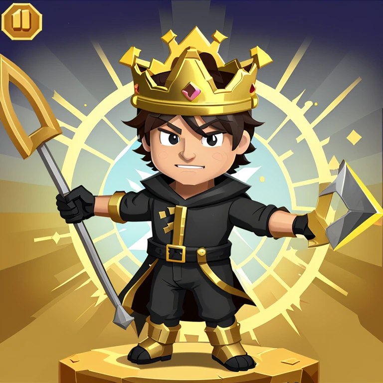Growtopia game, boy character, using golden pickaxe, using crown