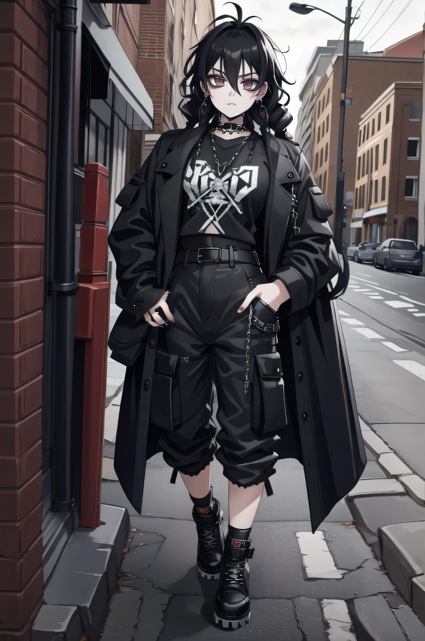 goth girl , gray skin, rings under the eyes, long curly black hair, punk rock clothes, oversized shirt, black cargo pants, long black jacket, oversized shirt, shirt,gothic punk