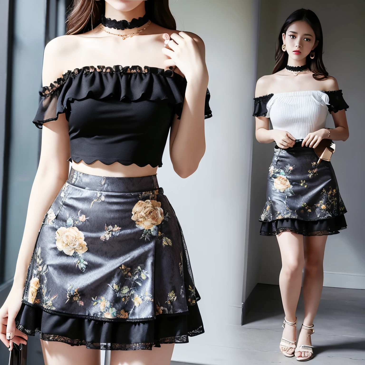 (highest quality, masterpiece), 1 girl, intricate details, off shoulder, skirt, choker, frills, See-through, looking at the viewer, blush, Upper body, blurred background, Floral, contrasting