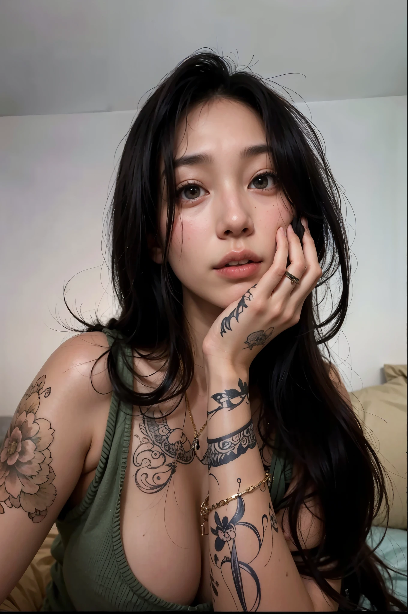 arafed woman com tatuagens on her arms and arms resting on a bed, tatuado, com tatuagens, of taiwanese girl com tatuagens, asian features, Asian girl, beautiful asian, an Asian woman, com tatuagem facial, asian women, beautiful Asian woman, Asian woman, detailed face of an asian, Asian woman, a young Asian woman, profile picture with headshot