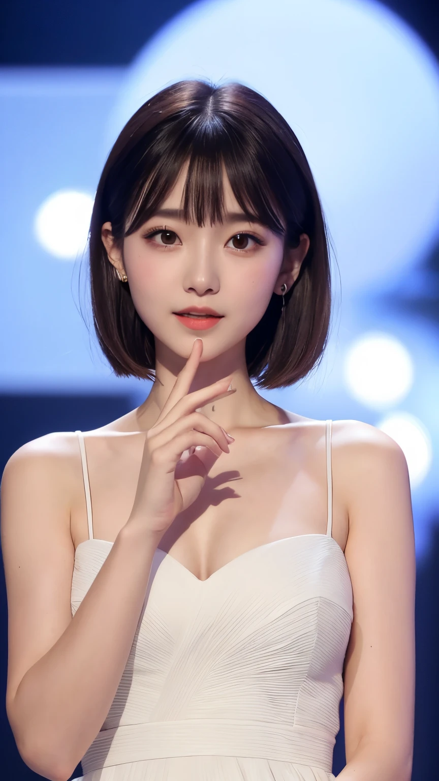 highest quality,photo quality,8K,ultra high resolution,professional lighting,20-year-old,(cute),,thin face,detailed face,（short bangs),big breasts,（white dress:1.1),look at the audience,perfect hands,