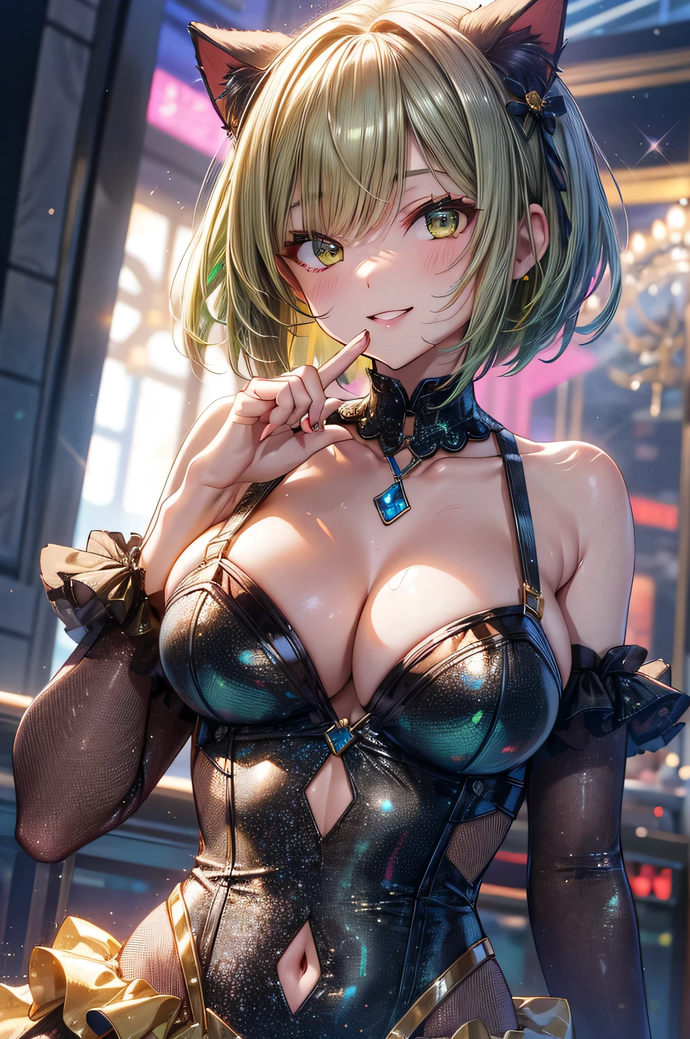 The costume is silver, (((sexy dress with frills))), short hair, ((yellow green hair1.5)), (cat ears a yellow green), bob cut, (((4 defined fingers))), (((1 defined thumb))), (looking at viewer), break, sexy, ((solo)), (1 woman), ((25 years old)), ((highest quality)), ((masterpiece)), (familiar),  skindentation, perfect face, 8k , break, black eye, smile, medium breasts, perfect limbs, (visible nipples:0.7), (camel toe:0.5), sexy, (sexy pose), ((metallic costume)), (dutch angle), from below, dynamic pose, arms behind back, ((upper body)),from below,