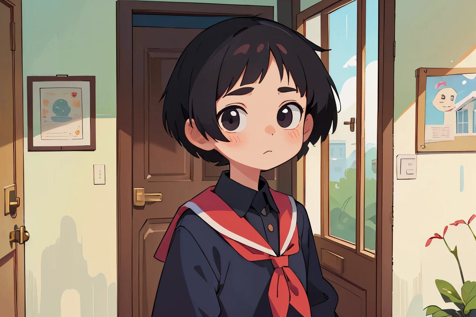 、young girl、((whole body))、natural look、Home、door、Entrance、((private elementary slack hair、short hair、((highest quality)), ((masterpiece)), perfect face