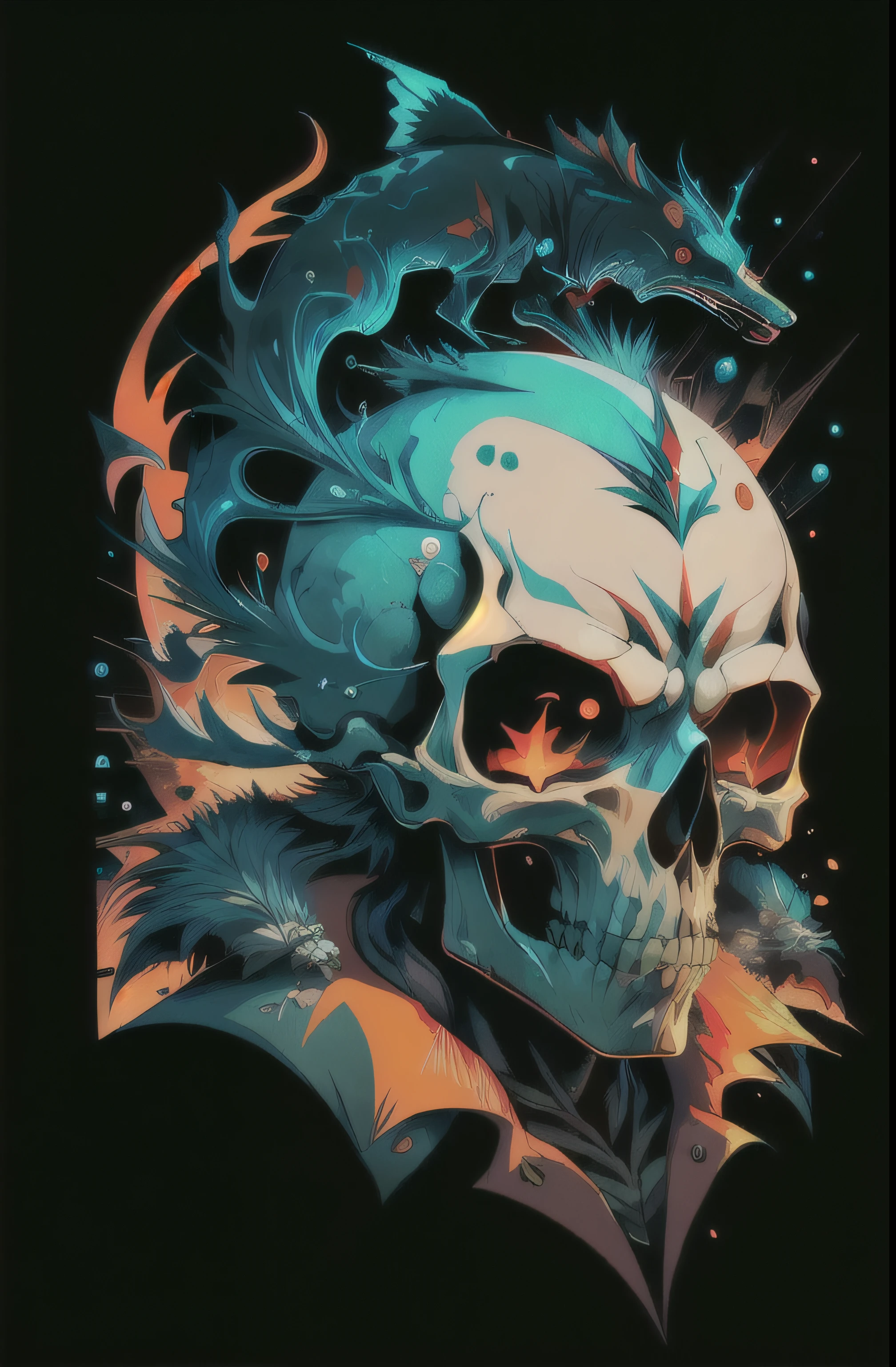 skull, vector art,j-horror, black background, joyful, lens flare abuse, Yuki Katsura, subalpine meadows, Walking Catfish, Christmas Red 