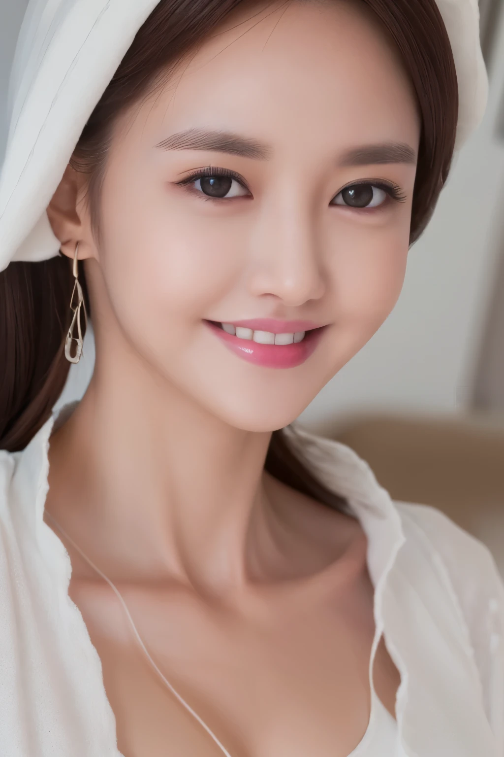 high quality,photo quality,8K,ultra high resolution,1 girl, in a hotel room, smile, Close-up,Sleek-shaped face, clear white skin,