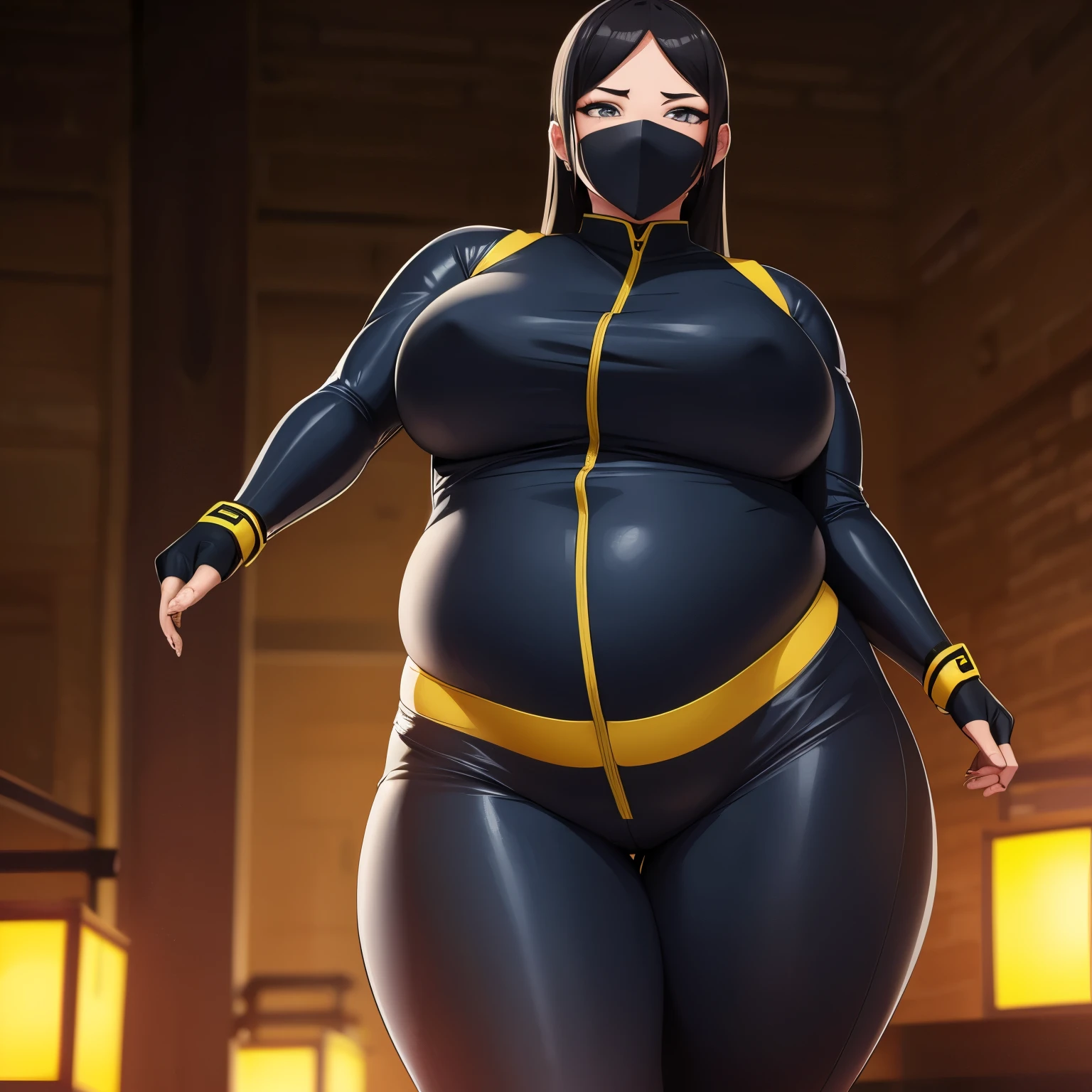 (best quality), fat female ninja woman, black and yellow ninja suit, curvy figure, big belly, SSBBW, detailed eyes, detailed lips, physically-based rendering, vivid colors, studio lighting