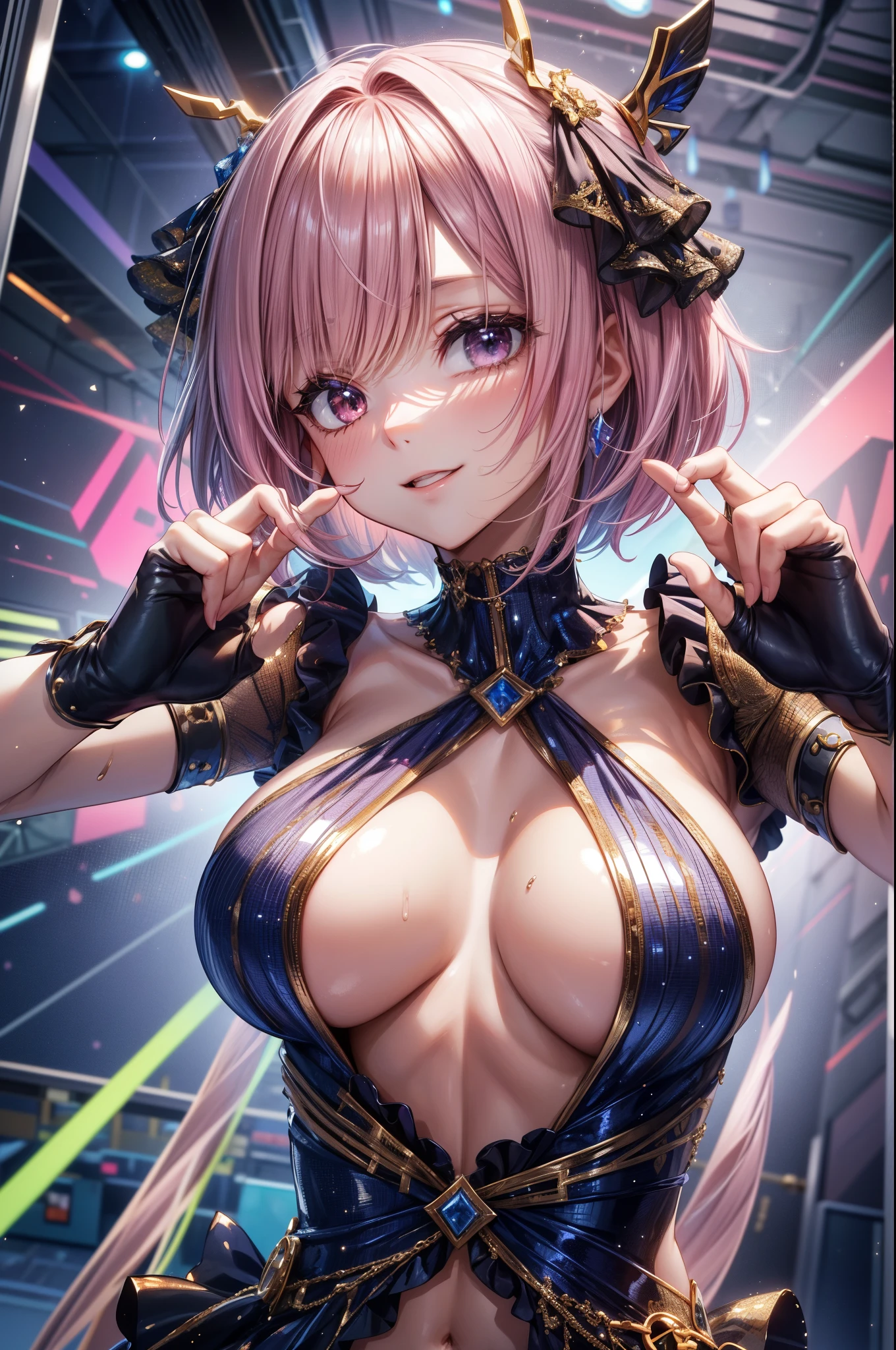 The costume is silver, (((sexy dress with frills))), short hair, ((pink hair1.5)), bob cut, (((4 defined fingers))), (((1 defined thumb))), (looking at viewer), break, sexy, ((solo)), (1 woman), ((25 years old)), ((highest quality)), ((masterpiece)), (familiar), skindentation, perfect face, 8k , break, black eye, smile, medium breasts, perfect limbs, (visible nipples:0.7), (camel toe:0.5), sexy, (sexy pose), ((metallic costume)), (dutch angle), from below, dynamic pose, arms behind back, ((upper body)),from below,