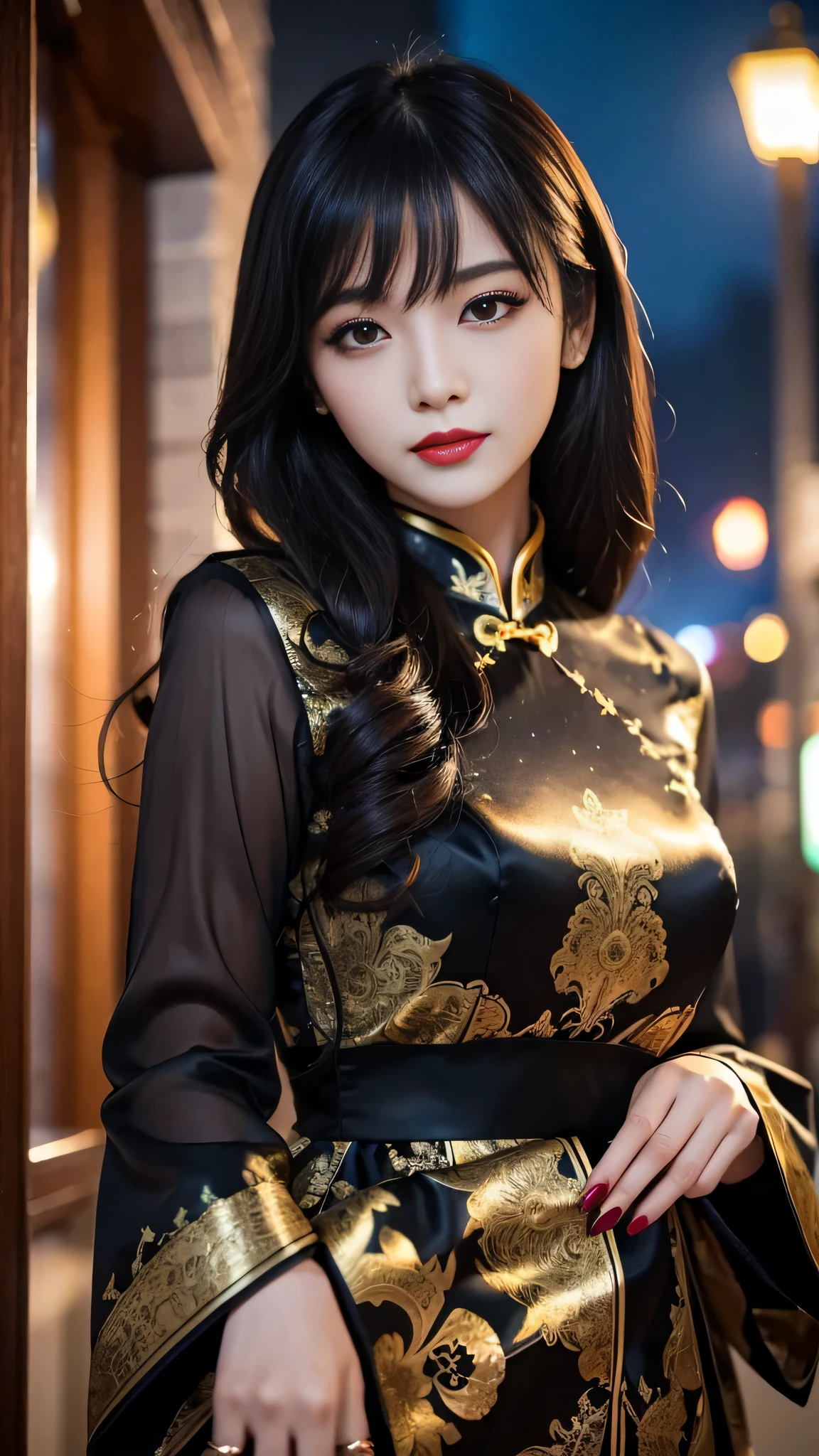 tra-detailed、2people's women、Japanese、attractive beauty、seductive adult woman、pretty woman、piercing eyes、cool girl、wavy hair、swept bangs、Long Black and Gold Cheongsam、wide sleeves、Evil cadres、evil depravity、brainwash、mind control、lipstick、lip gloss、dark makeup、smirk、whisper in your ear、Evil expression、evil、hollow eyes,half-closed eyes、empty eyes、evil、church at night、vampire、succubus、vampire、put your hand forward、hair ornaments、