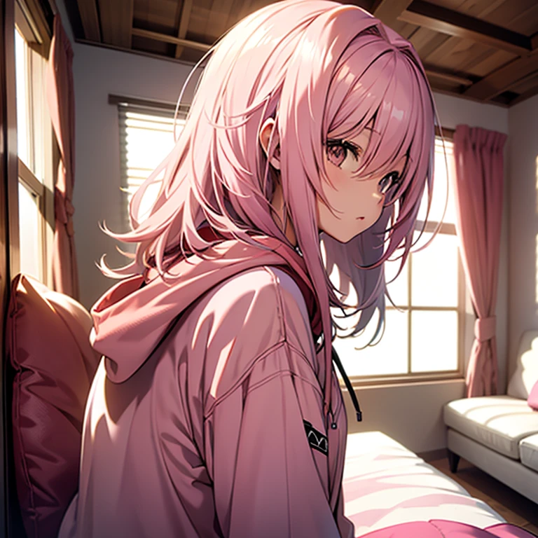 pink hair, medium length hair, brown eyes, cute, girl, in bedroom, warm، pink hoodie, 18 years, profile picture