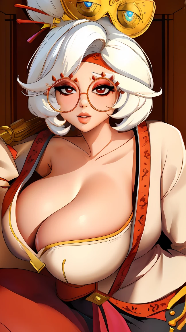 ((masterpiece)), ((best quality)), (detailed), perfect, solo, purah, gorgeous woman with cleavage, luscious lips, white hair, huge breast, deep cleavage, huge breasts, sexy, lying down 