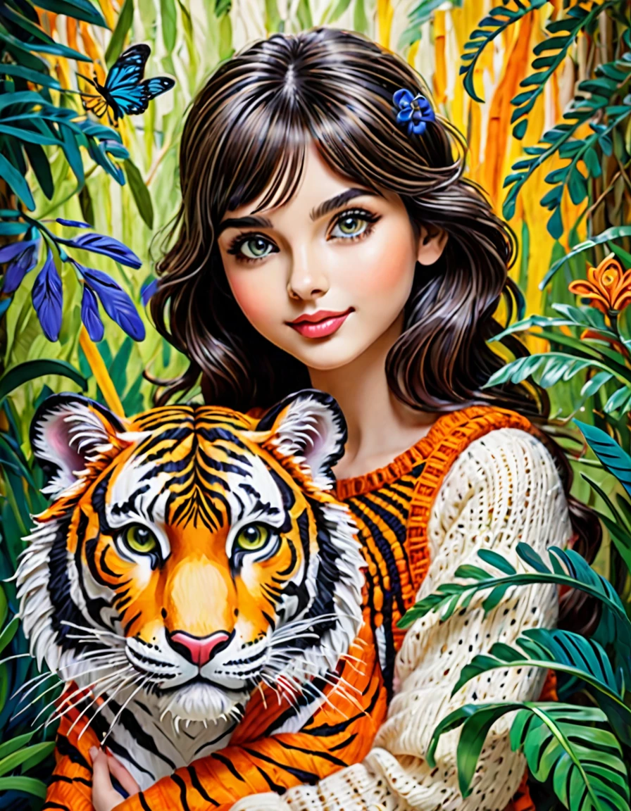 Cute colorful woollen art girl holding Tiger, jungle book, focusing,, fantastic , perfect composition, perfect details, perfect eyes, perfect iris, high resolution, high quality, high definition, ink painting , lovely, calm, painting splashes , quilling background