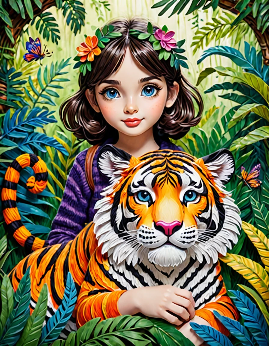 Cute colorful woollen art girl holding Tiger, jungle book, focusing,, fantastic , perfect composition, perfect details, perfect eyes, perfect iris, high resolution, high quality, high definition, ink painting , lovely, calm, painting splashes , quilling background