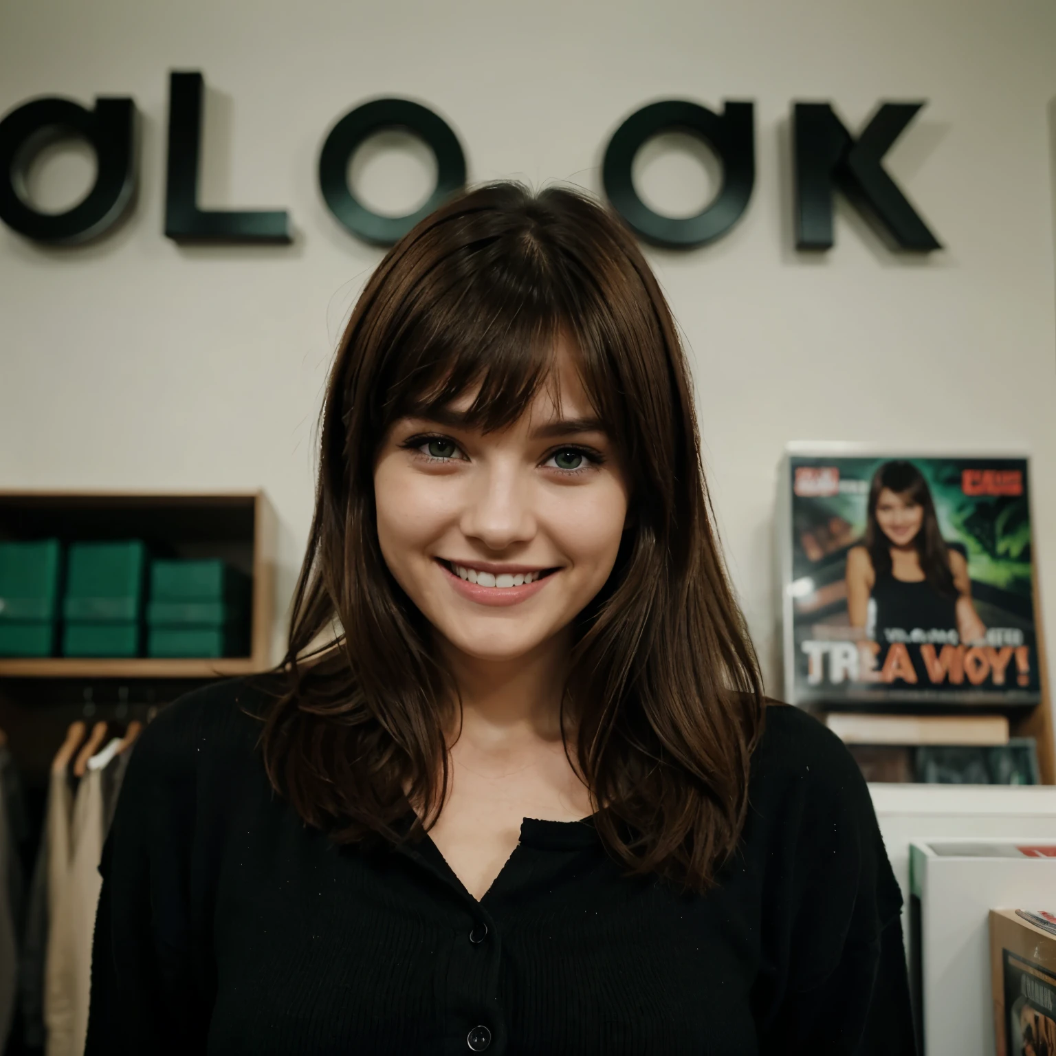 a woman with brown hair with a fringe, with green eyes, wearing black clothing and smiling in a comic