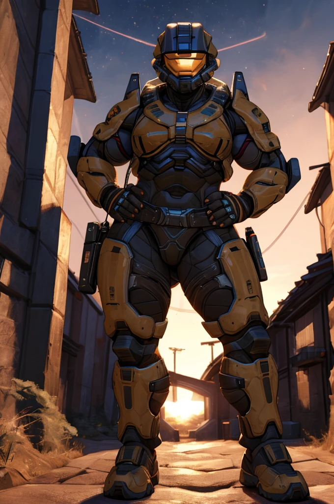 spartan halo, big breasts, wide hips, high res, high resolution, thick thighs, realistic, raw photo, thick thighs, body suit, standing pose, nipple outline, sunset, beautiful lighting, low angle, full body, wallpaper, 4k, 8k, background, (hand on hip), highly detailed, detailed fingers