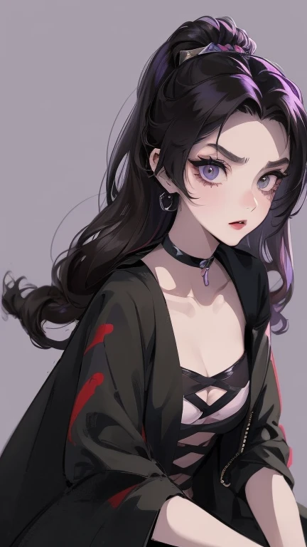 anime style, cartoon, comic, anime comic, medium dark colors, soft tones, lighting details, generates an image of a 20-year-old a single gothic girl, black painted lips, pastel purple eyes, long black hair dark pastel purple background, the girls hair reaches her eyebrows, defined eyebrows