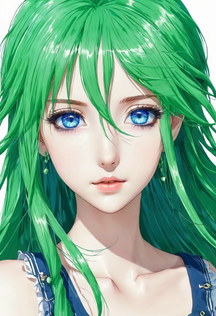 Anime girl with blue eyes and long green hair 