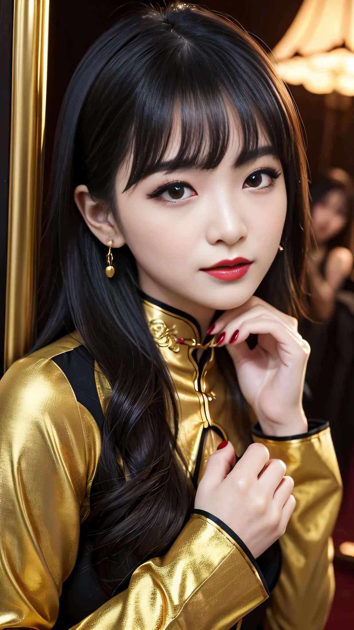 tra-detailed、２people's women、Japanese、attractive beauty、seductive adult woman、pretty woman、piercing eyes、cool girl、wavy hair、swept bangs、Long Black and Gold Cheongsam、wide sleeves、Evil cadres、evil depravity、brainwash、mind control、lipstick、lip gloss、dark makeup、smirk、whisper in your ear、Evil expression、evil、hollow eyes,half-closed eyes、empty eyes、evil、church at night、vampire、succubus、vampire、put your hand forward、hair ornaments、