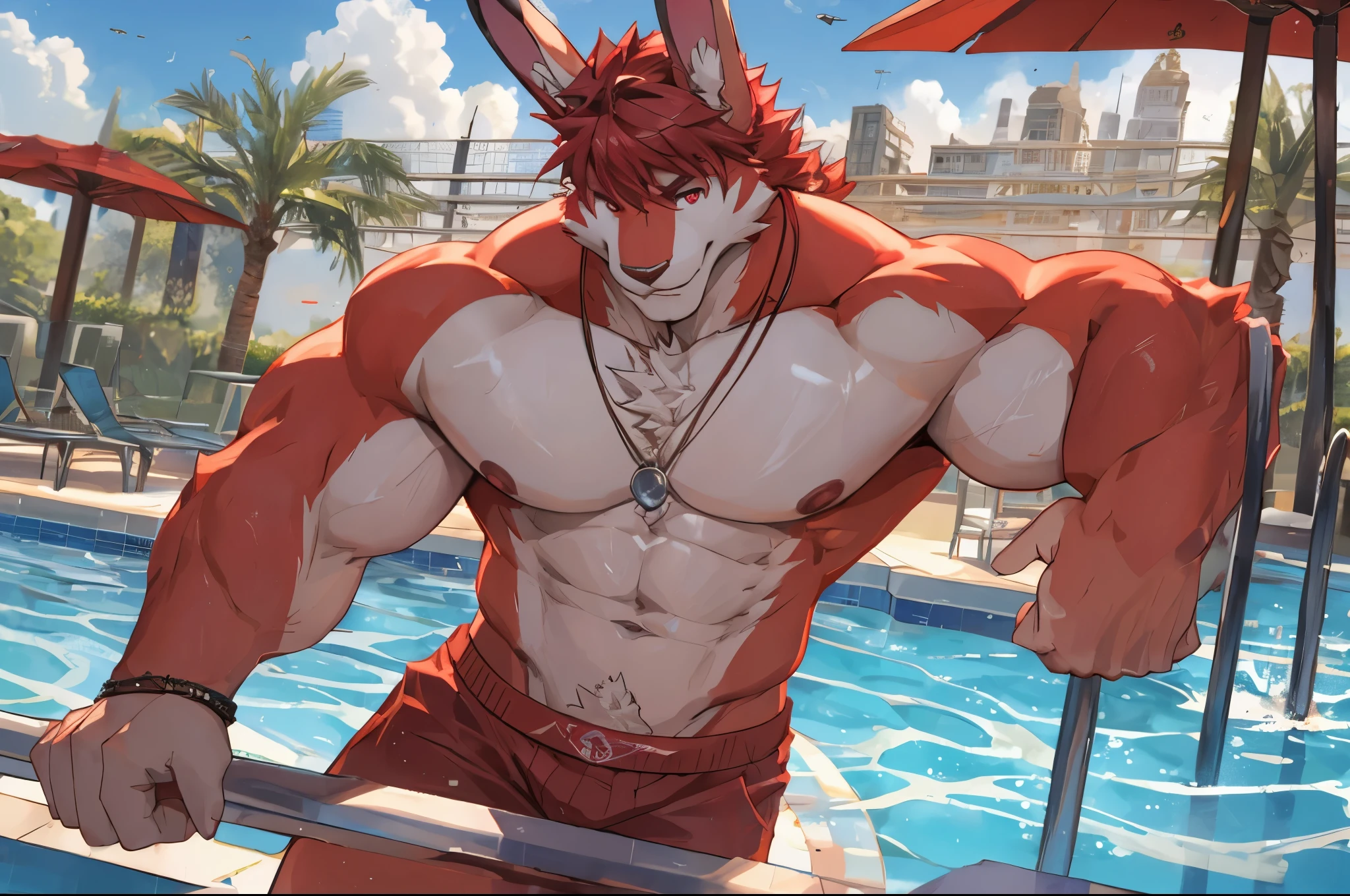 ((best quality)), ((masterpiece)), (detailed), perfect face, bara furry, rabbit man, big body, white skin, short quiff red hair, red eyes, perfect eyes, long rabbit ears, handsome, at pool, red underwear
