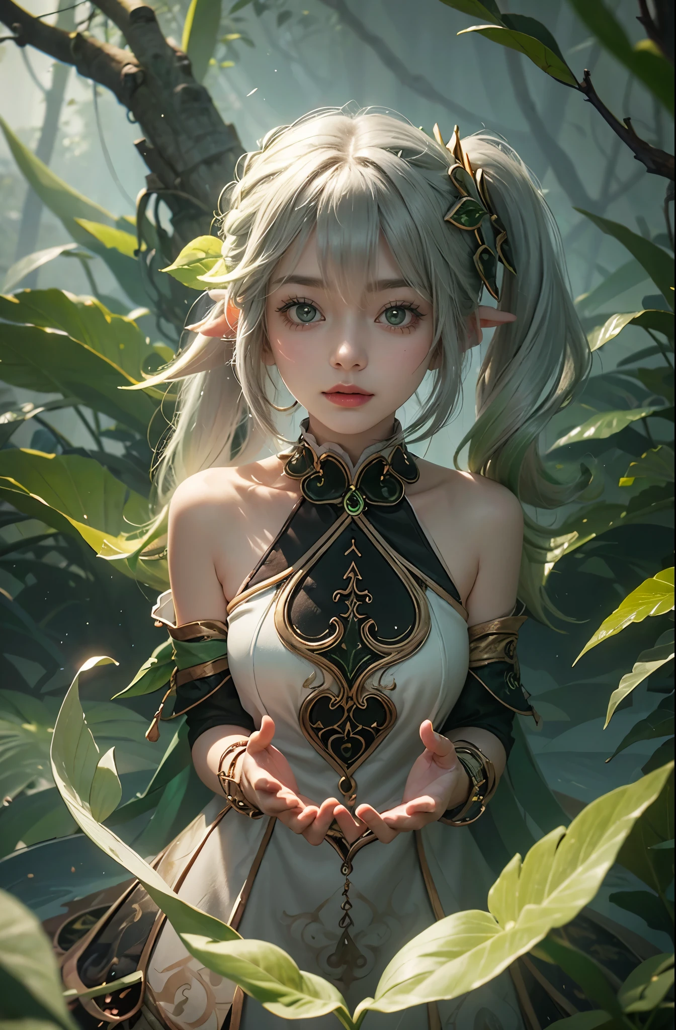 7 year old girl, ultra realistic, high res, highly detail, masterpiece, best quality, looking at viewer, Nahida of Genshin Impact, leaf bending, leaf VFX, head to chest shot, trees, big leaves, nahida Illusory Heart domain, leafMagicAI, big greenlight, white hair, side ponytail