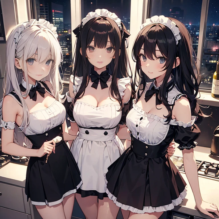 A group of maids, (in kitchen), various hair styles, harem, wearing maid uniform, night, details face, , short skirt, seducing, sleeveless , night, starry night, armpits