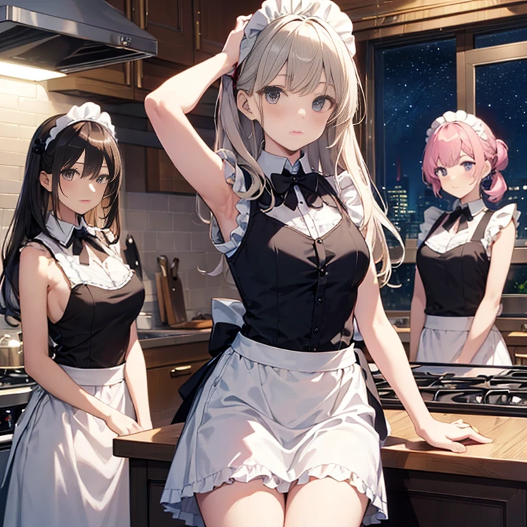A group of maids, (in kitchen), various hair styles, harem, wearing maid uniform, night, details face, , short skirt, seducing, sleeveless , night, starry night, armpits