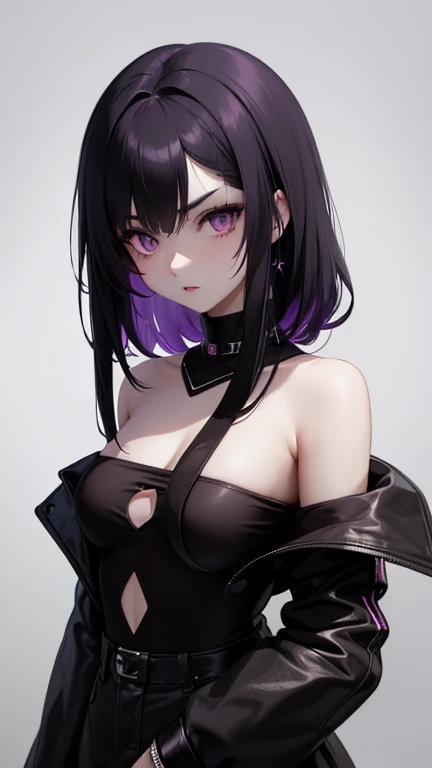 anime style, cartoon, comic, anime comic, medium dark colors, soft tones, lighting details, generates an image of a 20-year-old a single gothic girl, black painted lips, pastel purple eyes, long black hair dark pastel purple background, the girls hair reaches her eyebrows, defined eyebrows