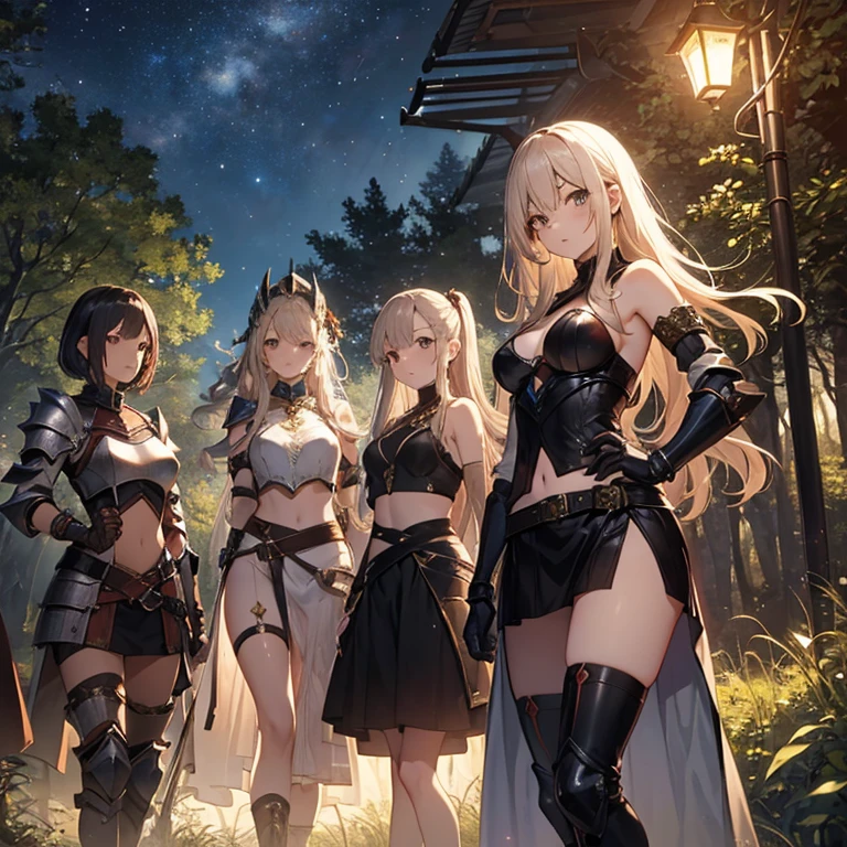 A group of young female knight, (in forest), various hair styles, harem, wearing armored clothes, metal armor, night, details face, , short skirt, seducing, sword, sleeveless , showing armpits, midriff, night, starry night