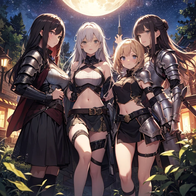 A group of young female knight, (in forest), various hair styles, harem, wearing armored clothes, metal armor, night, details face, , short skirt, seducing, sword, sleeveless , showing armpits, midriff, night, starry night 