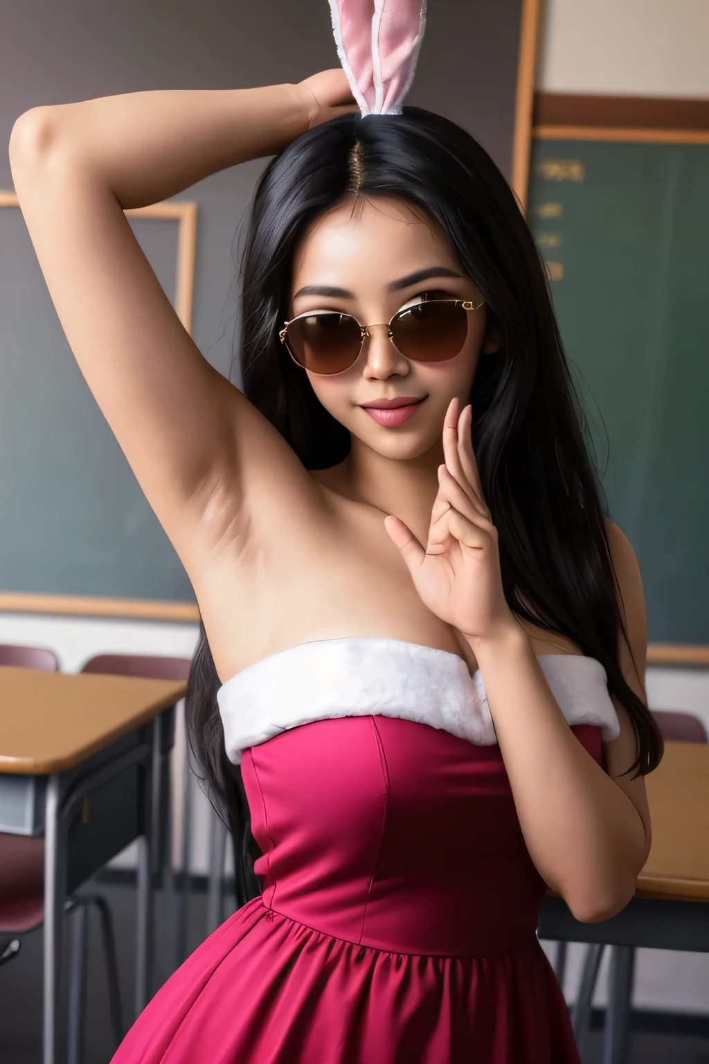 ((best quality)), ((masterpiece)), (detailed), perfect face detailed finger 30 years old brown skin Indonesian woman with straight long black hair wear a sunglasses, Natural thick and wide lips wear a pink Christmas bunny girl hot dress Sleeveless and strapless with raised her hand above her head pose exposed her armpits in School