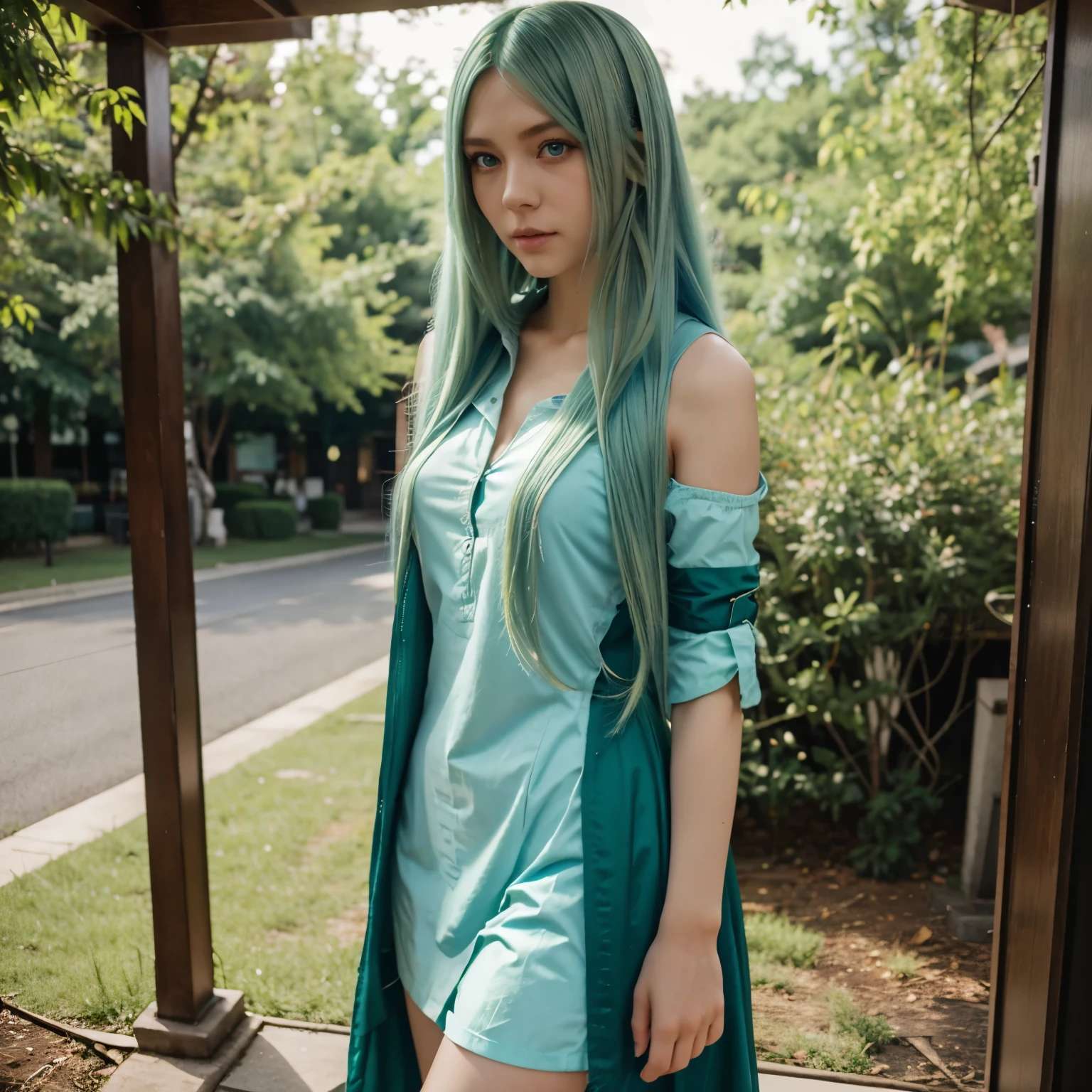 An anime girl with blue eyes, long green hair, and beautiful clothes 