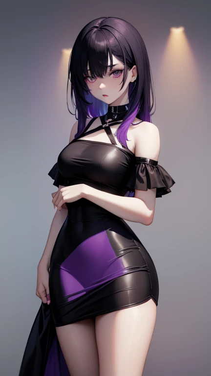 anime style, cartoon, comic, anime comic, medium dark colors, soft tones, lighting details, generates an image of a 20-year-old a single gothic girl, black painted lips, pastel purple eyes, long black hair dark pastel purple background, the girls hair reaches her eyebrows, defined eyebrows