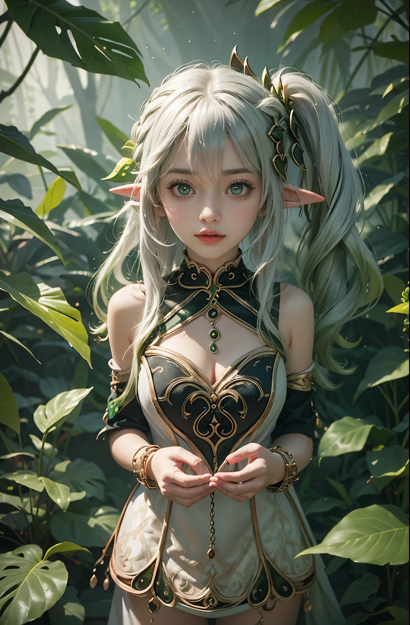 7 year old girl, ultra realistic, high res, highly detail, masterpiece, best quality, looking at viewer, Nahida of Genshin Impact, leaf bending, leaf VFX, head to chest shot, trees, big leaves, nahida Illusory Heart domain, leafMagicAI, big greenlight, white hair, side ponytail, elf ear, hand hold magical leaf, both arm down standing still